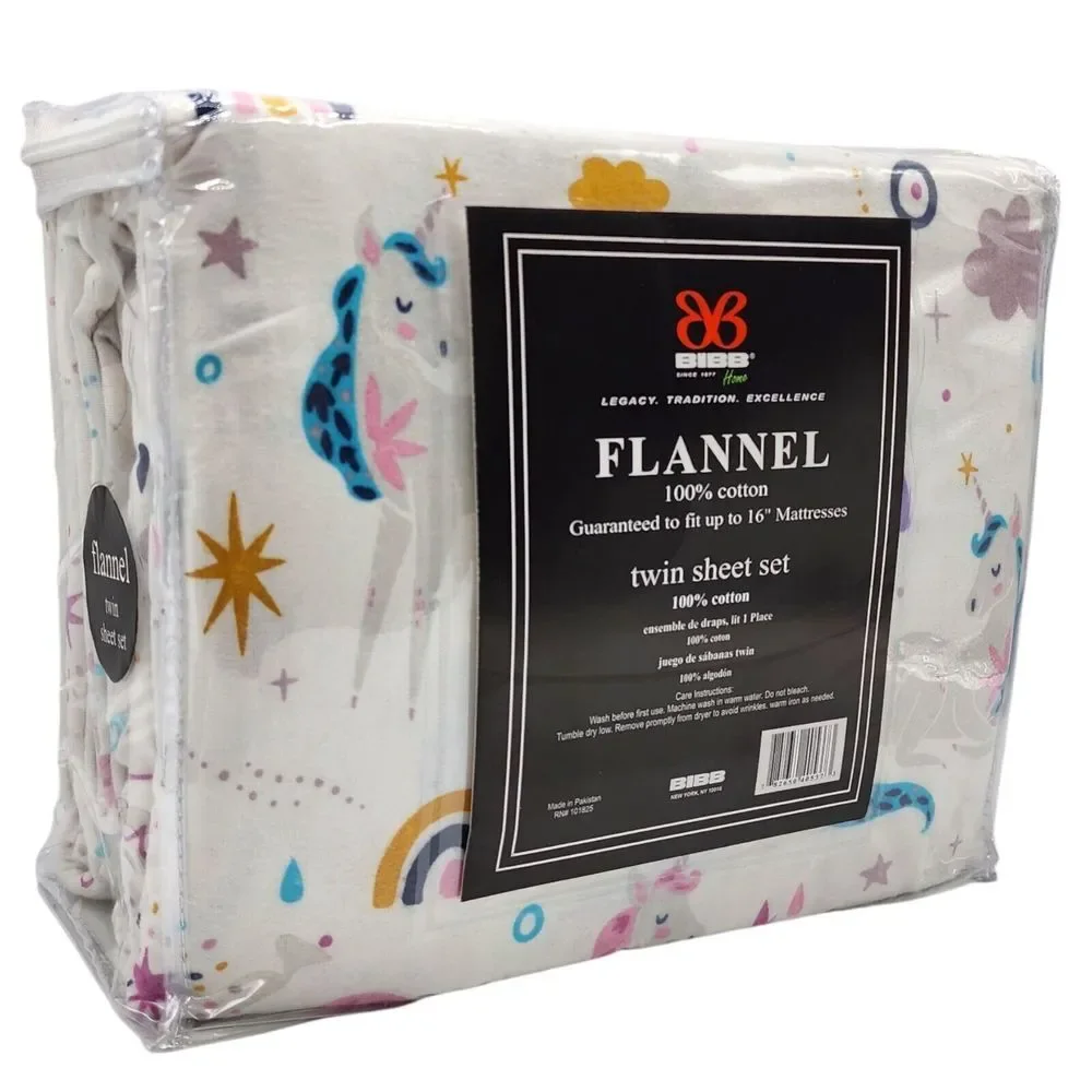 BIBB Home Twin Size Cotton Flannel Sheet Set 3pc Multicolor Unicorns Pattern
